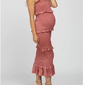 NWOT Mauve Satin Smocked Fitted Maternity Midi Dress